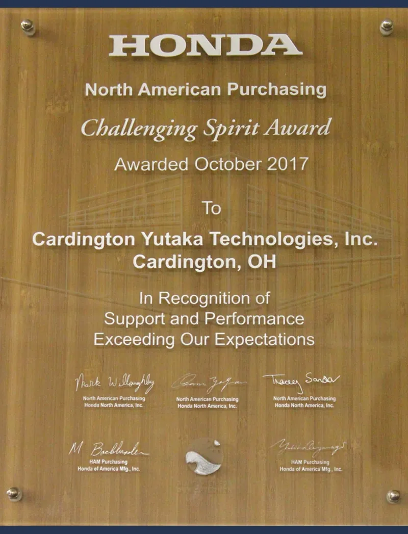Challenging Spirit Award to Cardington Yutaka Technologies inc.
